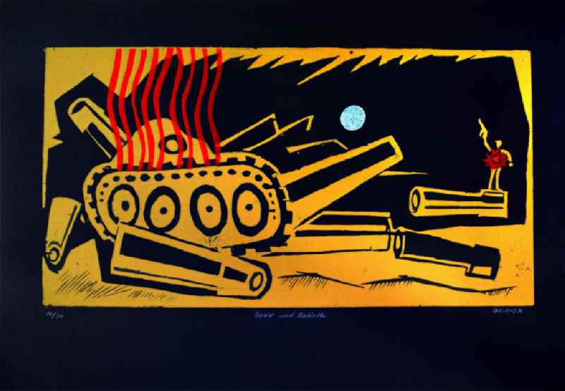 Grafik von Herbert Sandberg 'David und Goliath' aus dem Jahr 1976, 84,3x44,5cm dreifarbiger Holzschnitt auf schwarzem Papier, handsigniert, 16/3