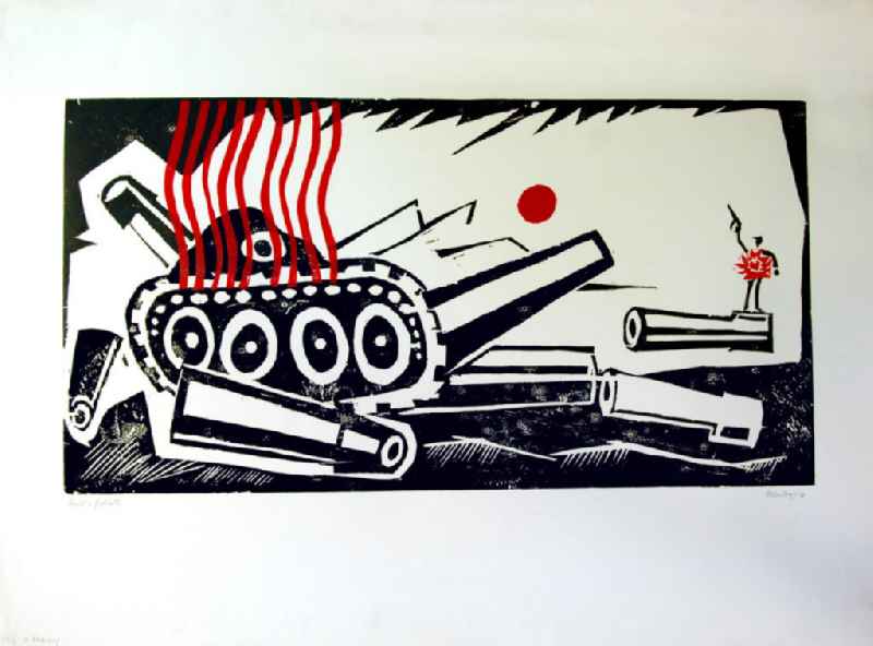 Grafik von Herbert Sandberg 'David und Goliath' aus dem Jahr 1976, 84,3x44,5cm zweifarbiger Holzschnitt auf hellem Papier, handsigniert, 10/1