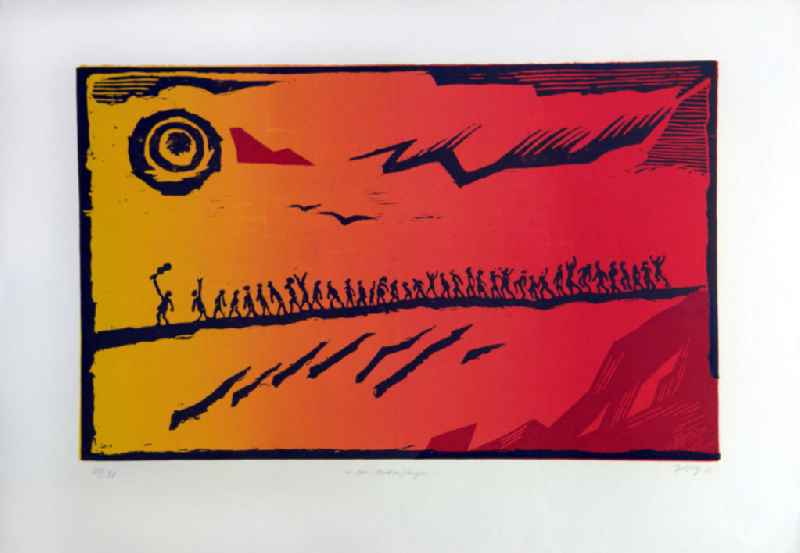Grafik von Herbert Sandberg 'Rattenfänger' aus dem Zyklus 'Über die Dummheit in der Musik' aus dem Jahr 1977, 79,7x49,6cm Farbholzschnitt, handsigniert. Sonnenaufgang/Sonnenuntergang, schablonenhafte Figuren folgen von rechts nach links begeistert einer Person mit einem Instrument (Gitarre).