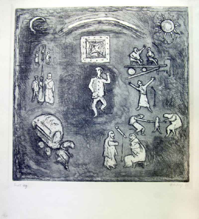 Grafik von Herbert Sandberg 'Brechts Weg' aus dem Jahr 1984, 49,4x49,4cm Aquatintaradierung, handsigniert, 18/2
