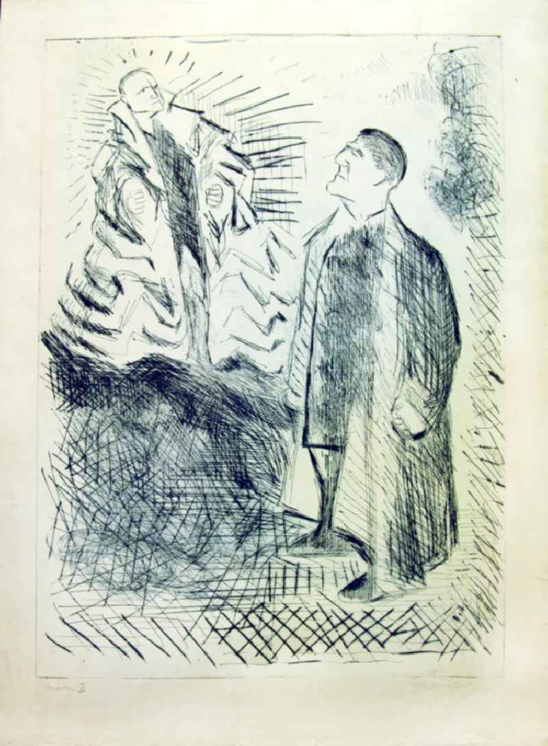 Grafik von Herbert Sandberg 'Coriolan 3' aus dem Jahr 1965, 57,3x79,3cm Radierung, handsigniert. Im Hintergrund: ein Mann in weitem Gewand, die Fäuste geballt; im Vordergrund: ein Mann mit Mantel, er blickt zur hinteren Person.