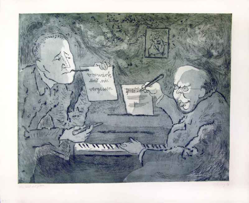 Grafik von Herbert Sandberg über Bertolt Brecht (*10.02.1898 †14.08.1956) und Hanns Eisler (*06.07.1898 †06.09.1962) 'Ein Lied wird geboren (Brecht und Eisler)' aus dem Jahr 1964, 63,5x49,8cm Aquatintaradierung, handsigniert, 3