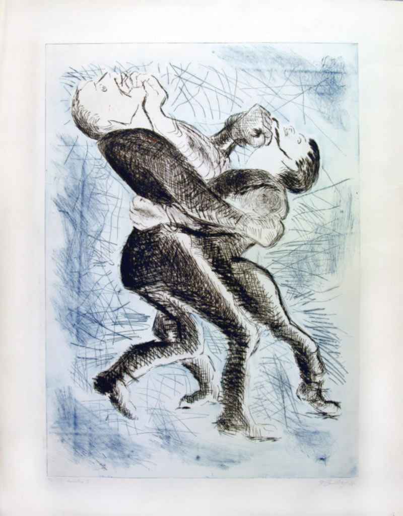 Grafik von Herbert Sandberg 'Coriolan 3' aus dem Jahr 1965, 57,3x79,3cm Radierung, handsigniert, 8/15. Zwei Menschen, ineinander verschlungen, die eine Hand hält jeweils den anderen fest, die andere Hand boxt den Gegner gegen das Kinn.