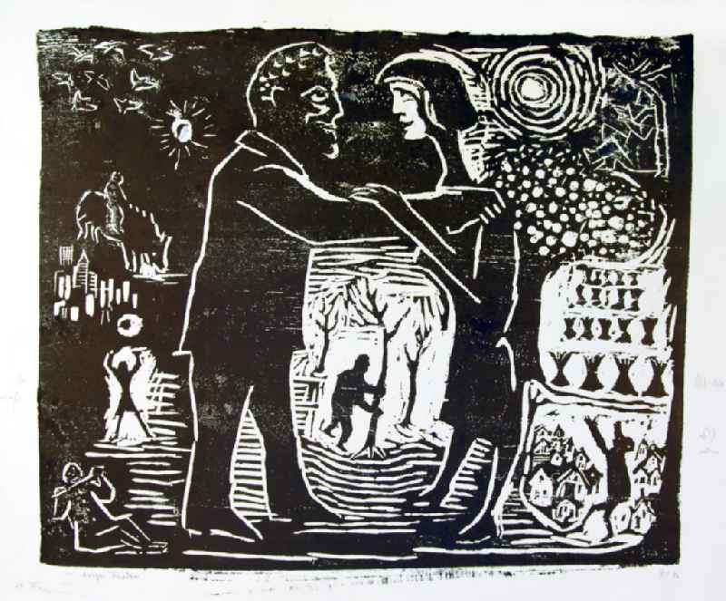 Grafik von Herbert Sandberg 'Ewiger Frieden/Wir sind für ewigen Frieden' aus dem Jahr 1986, 66,5x55,4cm Holzschnitt, handsigniert. Mittig: ein Mann und eine Frau stehen sich gegenüber, um sie herum kleine Motive, wie den Ausschnitt einer Stadt, eine Person, die einen Baum pflanzt, eine Person, die unter einem Baum sitzt.