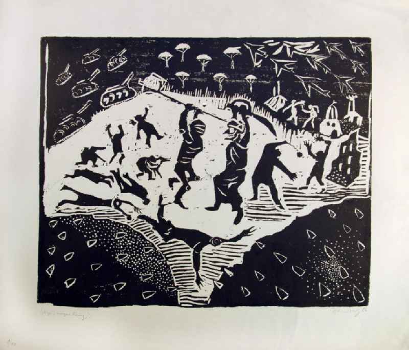 Grafik von Herbert Sandberg 'Wozu ewiger Krieg?' aus dem Jahr 1986, 68,4x56,0cm Holzschnitt, handsigniert, 1/1