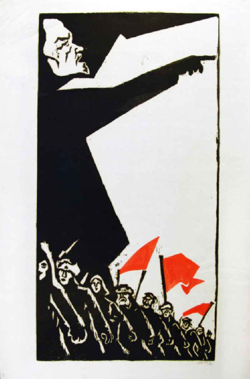 Grafik von Herbert Sandberg 'Lenin' aus dem Jahr 1967, 45,0x84,6cm Holzschnitt und farbiger Schablonendruck, handsigniert, 9/2
