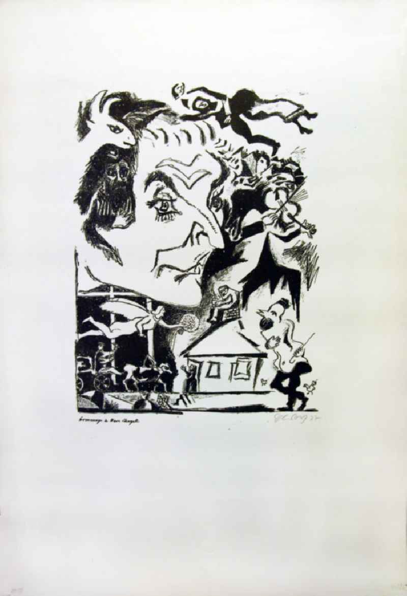 Grafik von Herbert Sandberg 'Hommage à Marc Chagall' aus dem Jahr 1977, 29,