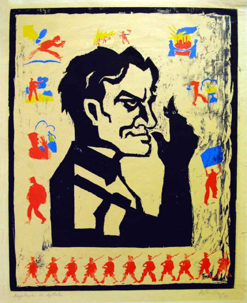 Grafik von Herbert Sandberg 'Majakowski, der Agitator' aus dem Jahr 1957, 37,6x47,2cm Holzschnitt, farbiger Schablonendruck, handsigniert. Majakowski im Profil, seinen rechten Arm angewinkelt; darunter: elf Personen in gleicher Stellung; ringsherum: kleine Motive mit Arbeiterfiguren.