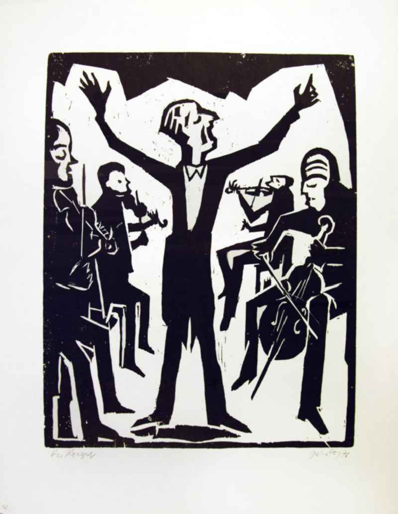 Grafik von Herbert Sandberg 'Das Konzert/Der Sänger' aus dem Jahr 1976, 36,0x47,7cm Holzschnitt, handsigniert, 12/3
