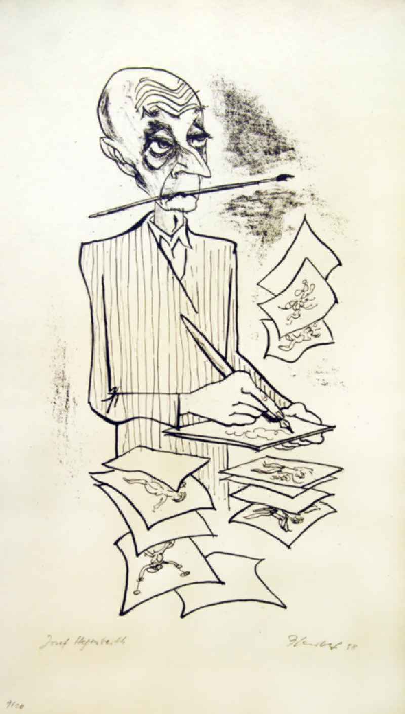 Grafik von Herbert Sandberg 'Josef Hegenbarth' aus dem Jahr 1958, 22,0x40,7cm Lithographie (Feder, Kohle), handsigniert, 9/2