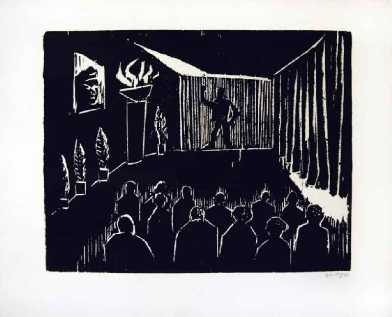 Grafik von Herbert Sandberg 'Die illegale Thälmannfeier in Buchenwald' aus dem Jahr 1987, 37,7x28,8cm Holzschnitt, handsigniert. Im Vordergrund: eine gruppe von Figuren; im Hintergrund: ein Sockel mit Schale, in denen eine Flamme brennt, neben einem Thälmann-Bildnis, eine Figur hebt die geballte Faust.