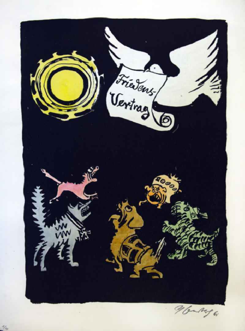 Grafik von Herbert Sandberg 'Friedensvertrag' aus dem Jahr 1961, 34,0x48,3cm Farblithographie, handsigniert, 1/1