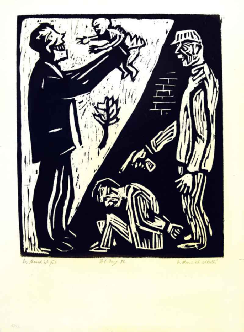 Grafik von Herbert Sandberg 'Der Mensch ist gut, der Mensch ist schlecht' aus dem Jahr 1982, 36,0x45,0cm Holzschnitt, handsigniert, 1/3