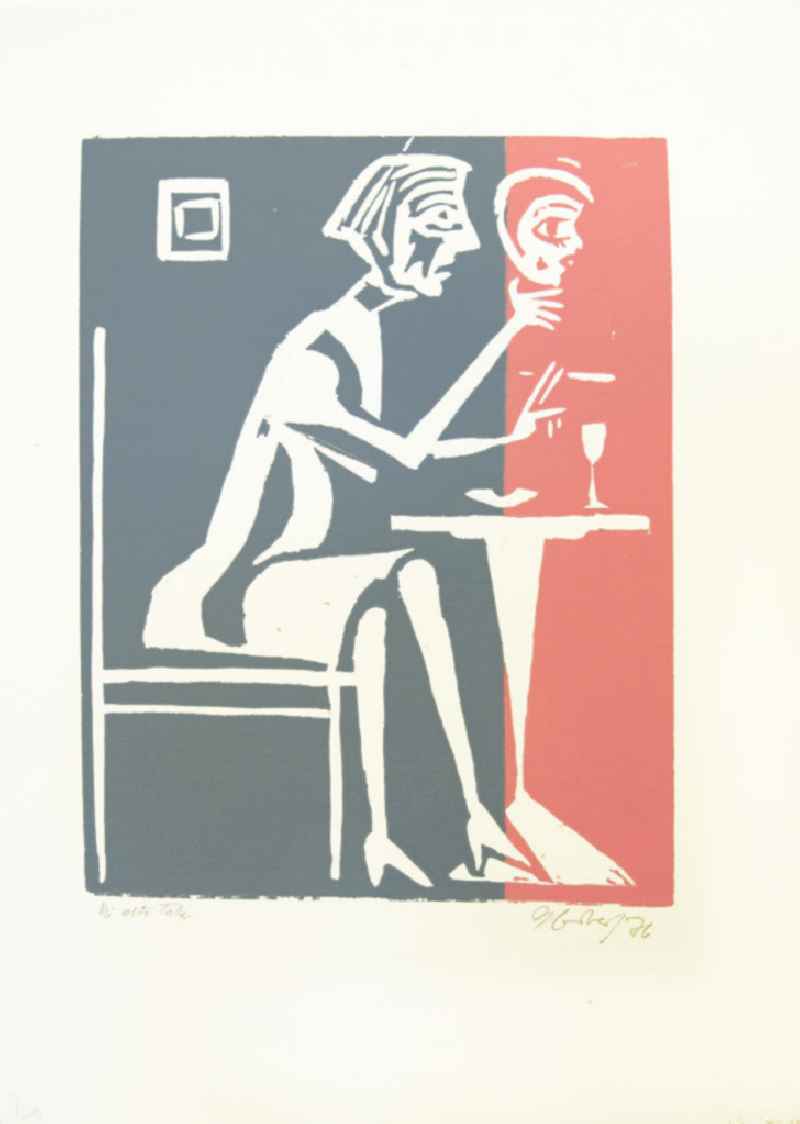 Grafik von Herbert Sandberg 'Die alte Falle/Die Maske' aus dem Jahr 1976, 21,1x28,0cm Farbholzschnitt, handsigniert, 3/2