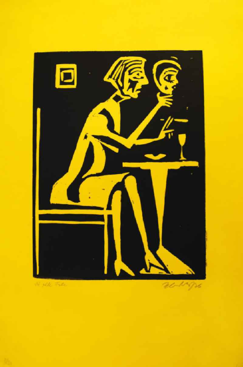 Grafik von Herbert Sandberg 'Die alte Falle/Die Maske' aus dem Jahr 1976, 21,1x28,0cm Holzschnitt auf gelben Papier, handsigniert, 8/3