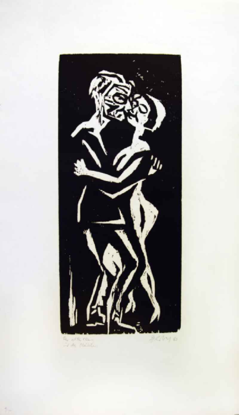 Grafik von Herbert Sandberg 'Der alte Mann und das Mädchen' aus dem Jahr 1980, 19,3x46,