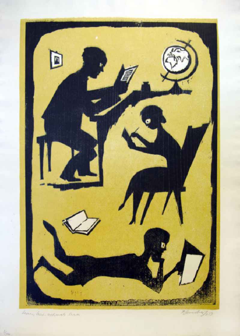 Grafik von Herbert Sandberg 'Lernen, lernen, nochmals lernen' aus dem Jahr 1959, 33,5x50,0cm Farbholzschnitt, handsigniert, 3/10