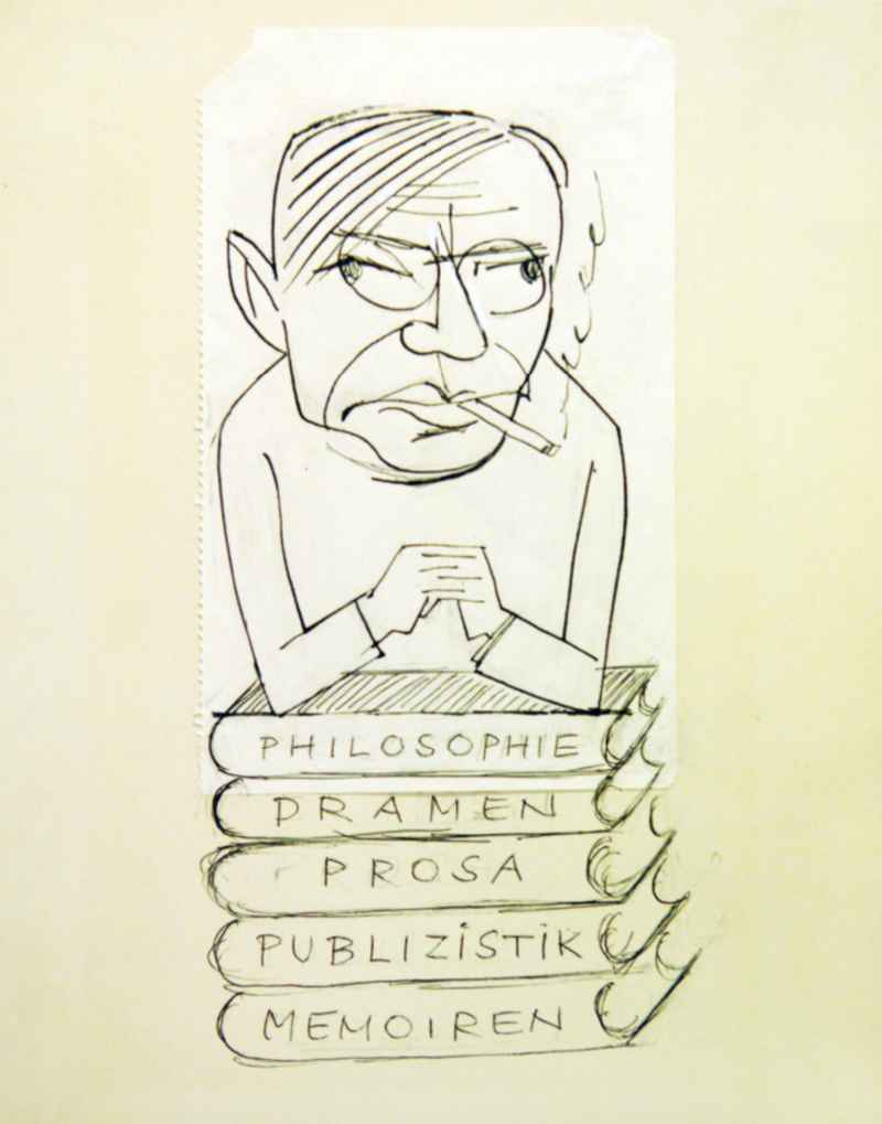 Skizze von Herbert Sandberg 13,7x26,2cm schwarzer Zeichenstift. Eine Person mit Brille raucht und stützt sich auf einen Stapel Bücher, auf den Büchern steht 'Philosophie', 'Dramen', 'Prosa', 'Publizistik' und 'Memoiren'.
