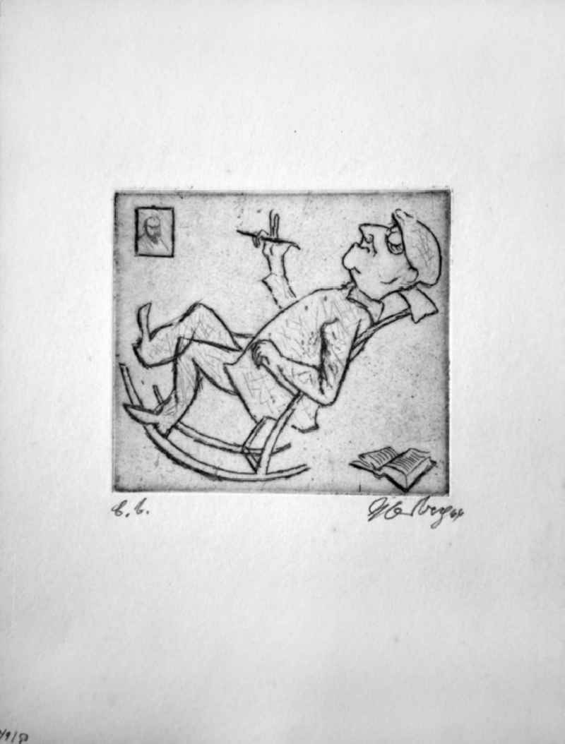Grafik von Herbert Sandberg über Bertolt Brecht (*10.02.1898 †14.08.1956) 'b.b.' aus dem Jahr 1964 (Brecht im Schaukelstuhl), 11,0x10,0cm Radierung, handsigniert, 49/5