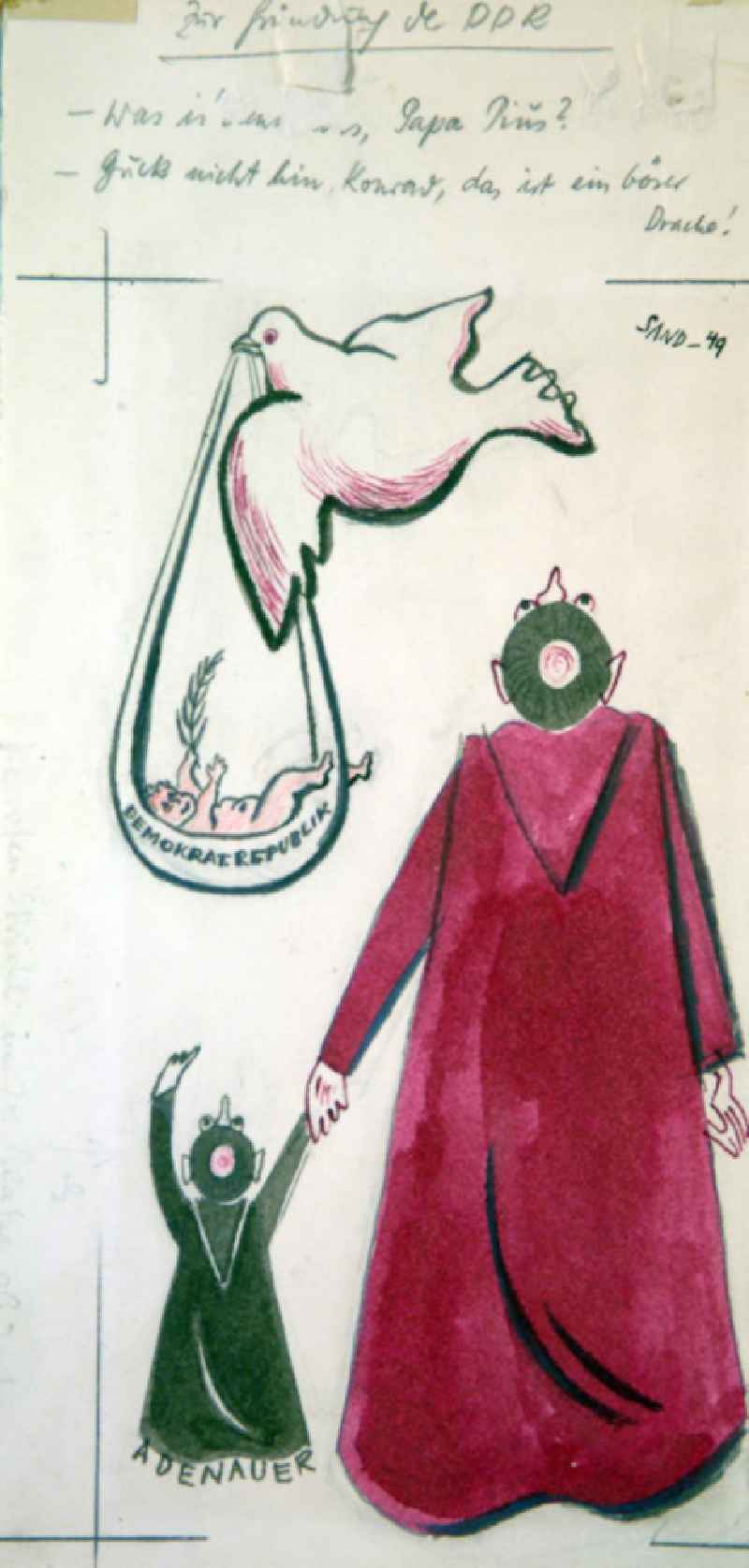 Zeichnung von Herbert Sandberg 'Zur Gründung der DDR' aus dem Jahr 1949, 14,6x31,