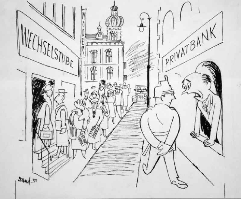 Zeichnung von Herbert Sandberg 'Wechselstube und Privatbank' aus dem Jahr 1950, 21,8x2