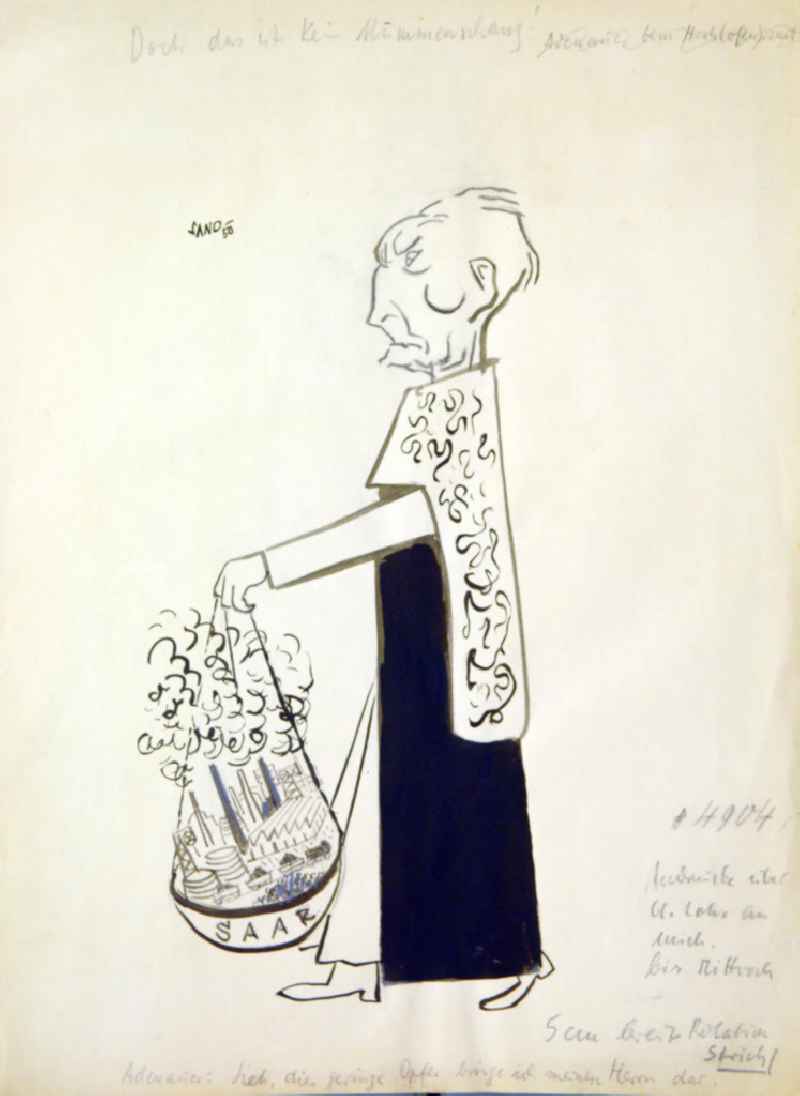 Zeichnung von Herbert Sandberg 'Doch das ist kein Mummenschanz' aus dem Jahr 1950, 15,0x3