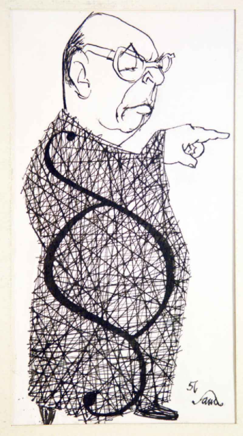 Zeichnung von Herbert Sandberg 'Dr. Kaul, Rechtsanwalt' aus dem Jahr 1956, 15,8x29,5cm Feder in schwarz, handsigniert. Dr. Kaul in Robe, auf der Robe das Paragraphenzeichen, er zeigt mit seinem linken Zeigefinger nach vorne.