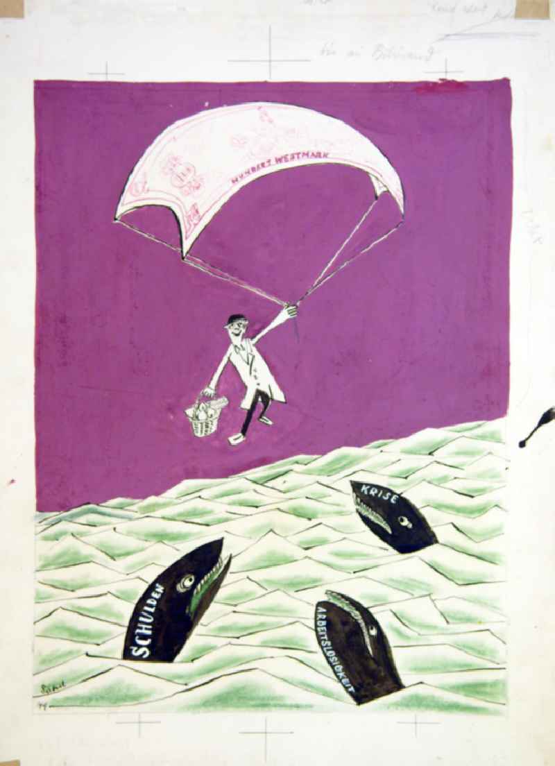 Zeichnung von Herbert Sandberg 'Gott sein Dank, ich bin gerettet' aus dem Jahr 1949, 30,0x4