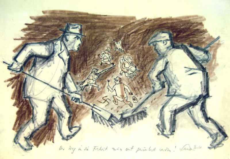 Zeichnung von Herbert Sandberg 'Der Weg in die Freiheit muss erst gesäubert werden' aus dem Jahr 1960, 55,0x36,