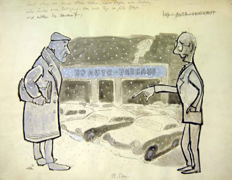 Zeichnung von Herbert Sandberg 'HO Autoverkauf' aus dem Jahr 1960, 43,0x3
