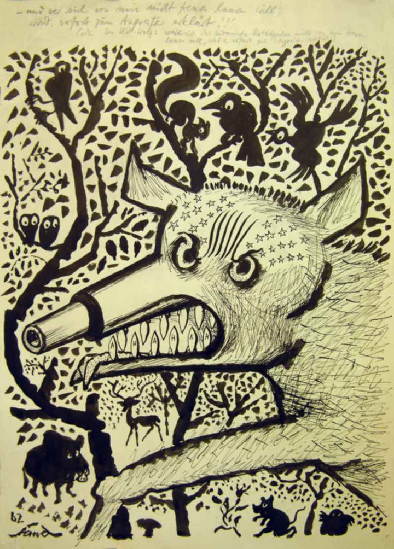 Zeichnung von Herbert Sandberg 'Der USA-Wolf' aus dem Jahr 1962, 30,5x43,