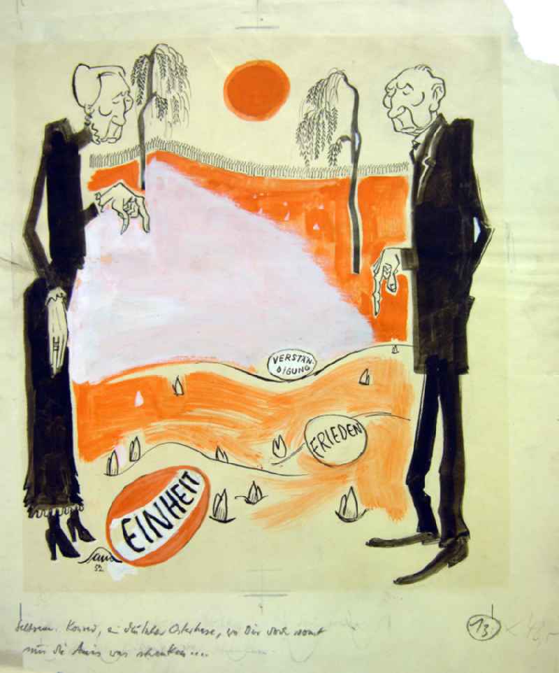 Zeichnung von Herbert Sandberg 'Einheit, Frieden, Verständigung ' aus dem Jahr 1952, 30,