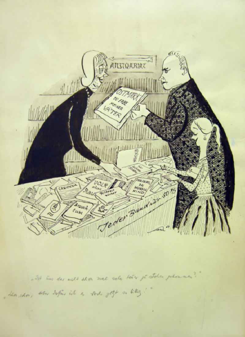 Zeichnung von Herbert Sandberg 'Ostmark, du Erbe meiner Väter' aus dem Jahr 1960, 27,5x30,5cm Feder und Pinsel in schwarz, handsigniert. An einem Stand mit Bücher ('Jeder Band nur 5