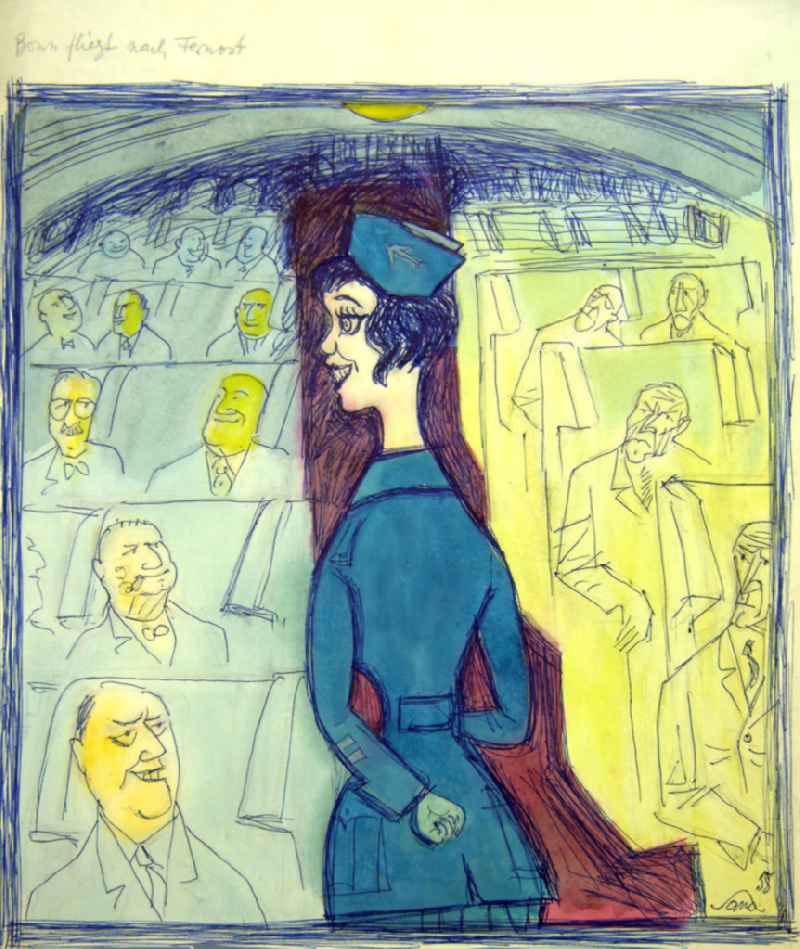 Zeichnung von Herbert Sandberg 'Bonn fliegt nach Fernost' aus dem Jahr 1958, 29,