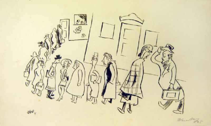 Zeichnung von Herbert Sandberg aus dem Jahr 1945, 24,5x16,2cm Feder, handsigniert. Eine Schlange von Menschen unterschiedlichen Alters steht vor einem Haus, die Dame und der Herr mit Aktenkoffer und Hut am Ende der Schlange grüßen sich.