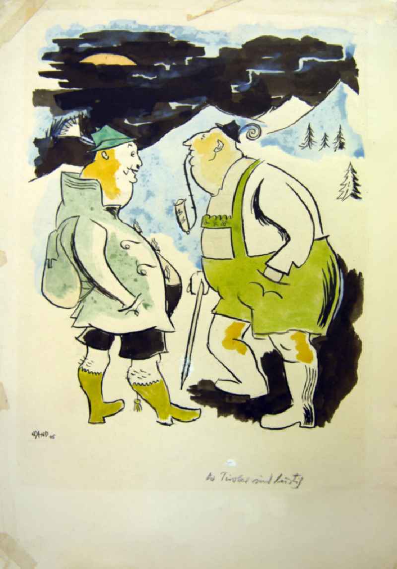 Zeichnung von Herbert Sandberg 'Die Tiroler sind lustig' aus dem Jahr 1945, 21,5x29,