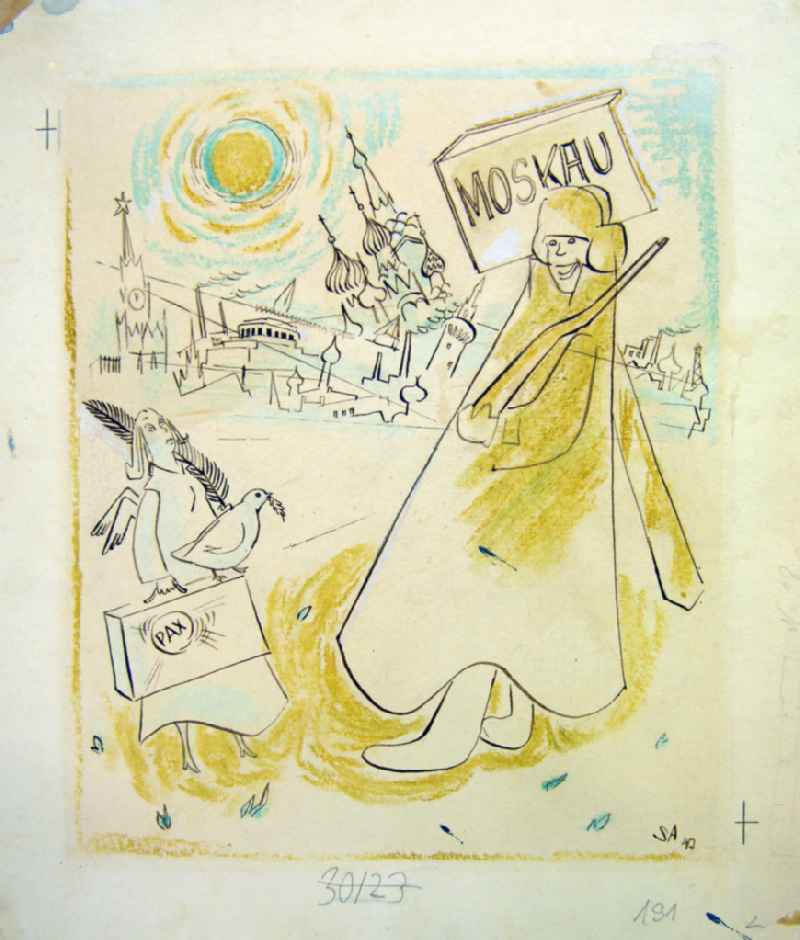 Zeichnung von Herbert Sandberg 'Moskau, Pax' aus dem Jahr 1947, 24,0x30,
