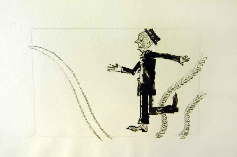 Zeichnung von Herbert Sandberg 'Glück, Unglück' 22,5x13,5cm Feder, Pinsel. Eine Männliche Person liegt auf dem Boden, Augen geschlossen, ein Bein verdreht, über und neben ihr sind Reifenspuren.