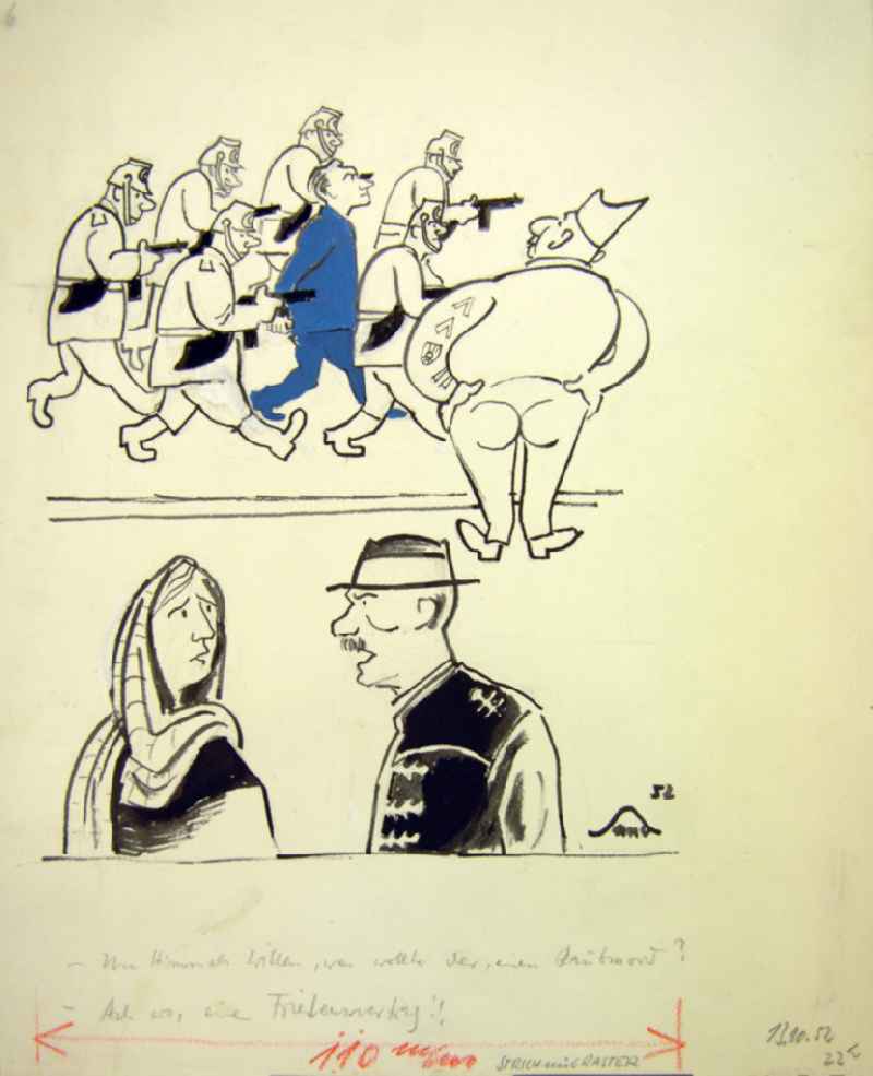 Zeichnung von Herbert Sandberg 'Raubmord?' aus dem Jahr 1952, 20,0x23,