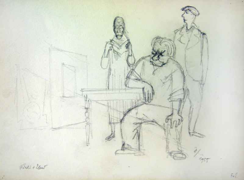 Skizze von Herbert Sandberg 'Furcht und Elend' aus dem Jahr 1955, 36,5x25,5cm Bleistift, handsigniert. In einem Raum, eine ältere Frau liest zwei Männern aus einem Buch vor, einer der beiden sitzt an einem Tisch, der andere steht dahinter