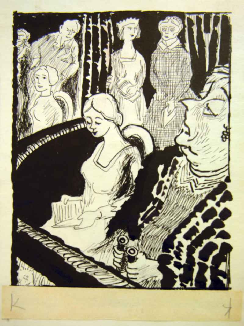 Zeichnung von Herbert Sandberg 'Frau Damals (im Theater)' 18,0x26,