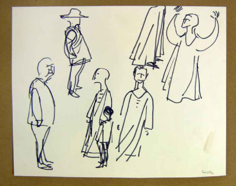 Skizze von Herbert Sandberg 'Coriolan' 28,8x22,2cm Filzstift. Mehrere Figuren, teilweise in Kutten.