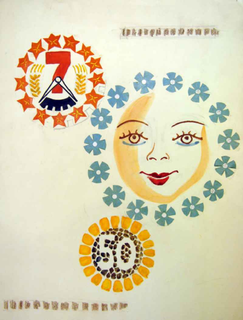 Skizze von Herbert Sandberg 'Skizze 3 für DFD' aus dem Jahr 1959, 30,8x43,0cm Collage aus Buntpapier, Pinsel, Kreide und Bleistift, handsigniert auf der Rückseite. Links oben: eine Uhr mit Sternen im Rand und einer '7' im Ährenkranz; mittig: ein Gesicht, umrandet von kleinen Blumen; unten: eine Blume mit einer '5