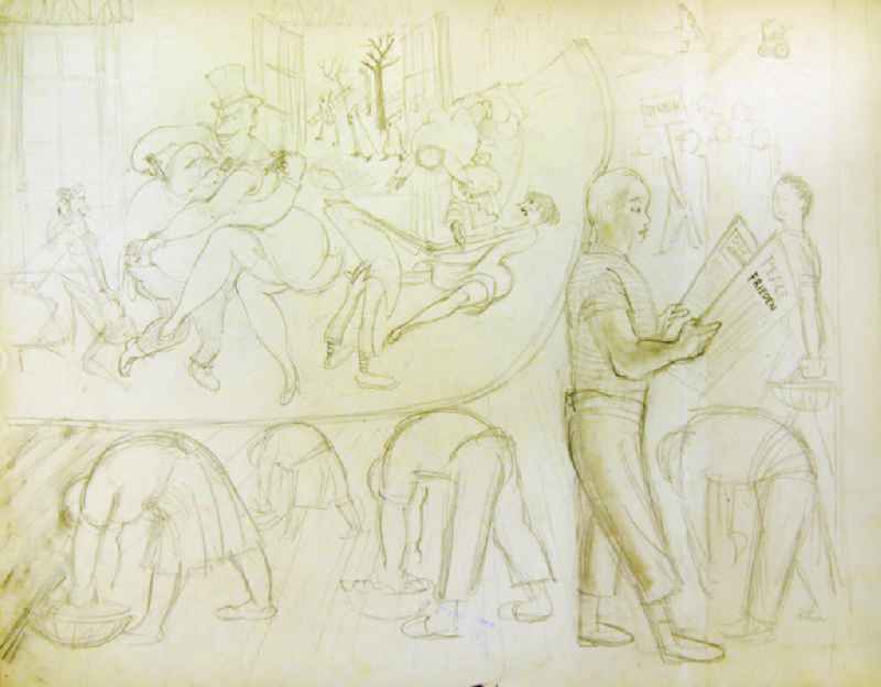 Zeichnung von Herbert Sandberg 'Streik, Frieden' 57,0x45,