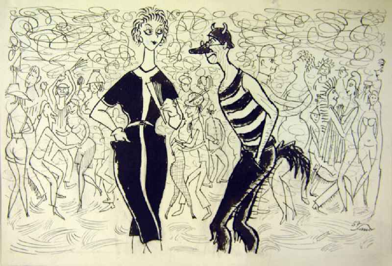 Zeichnung von Herbert Sandberg 'Nanu, ohne Kostüm?' aus dem Jahr 1957, 34,5x23,5cm Feder und Pinsel, handsigniert. Menschen sind verkleidet und tanzen miteinander; im Vordergrund: eine Dame mit Fächer und ein Mann mit langer Nase, Hörnern, Schwanz unterhalten sich; Bildschrift: '-Nanu, ohen Kostüm?, -Ach, ich bin vom Modeinstitut, da muss ich mich doch täglich verkleiden!'.