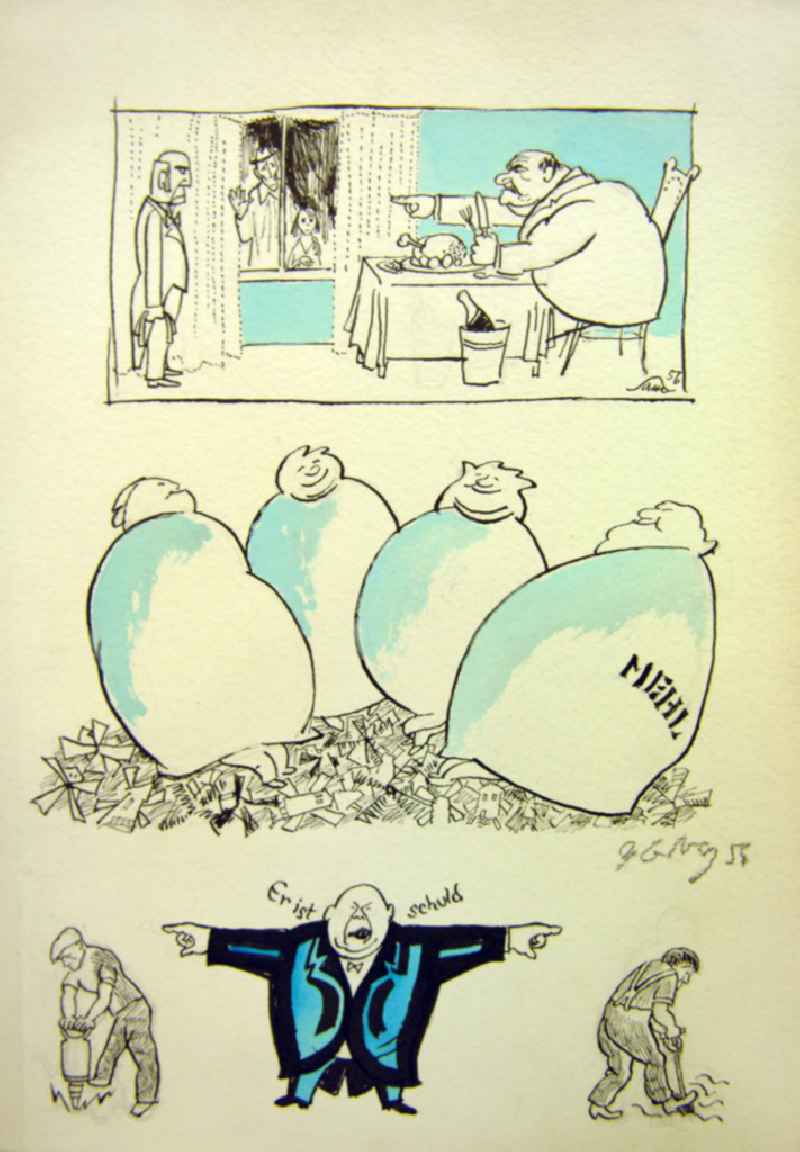 Zeichnung von Herbert Sandberg 'Er ist schuld' aus dem Jahr 1956, 20,0x29,