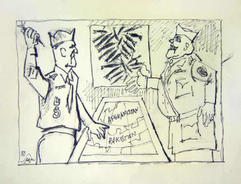Zeichnung von Herbert Sandberg 'Afghanistan/Pakistan' aus dem Jahr 1980, 26,5x18,