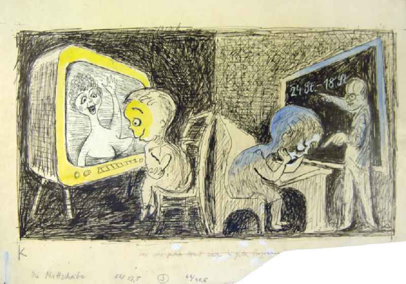 Zeichnung von Herbert Sandberg 'Die Mattscheibe' aus dem Jahr 1960, 51,0x27,