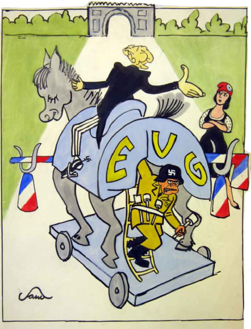 Zeichnung von Herbert Sandberg 'EVG', 38,2x47,7cm Pinsel und Stift, handsigniert. Konrad Adenauer auf einem Pferd ('EVG', ähnlich dem Trojanischen Pferd), an seinem Schuh ein Hakenkreuz, aus dem hinteren Teil des Pferdes kommt ein Mann mit Stahlhelm (darauf ein Hakenkreuz) und in grüner Uniform, das Pferd steht vor einer Schranke in den Farben der französischen Flagge (blau, weiß, rot), Adenauer spricht mit einer Frau hinter der Schranke, sie hat die Arme verschränkt und trägt eine rote Zipfelmütze; im Hintergrund: Triumphbogen.