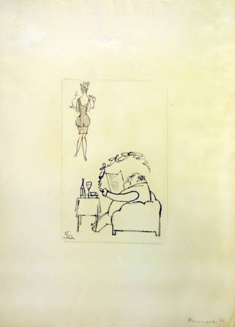 Zeichnung von Herbert Sandberg 'Maidimporteur' aus dem Jahr 1956, 13,3x2